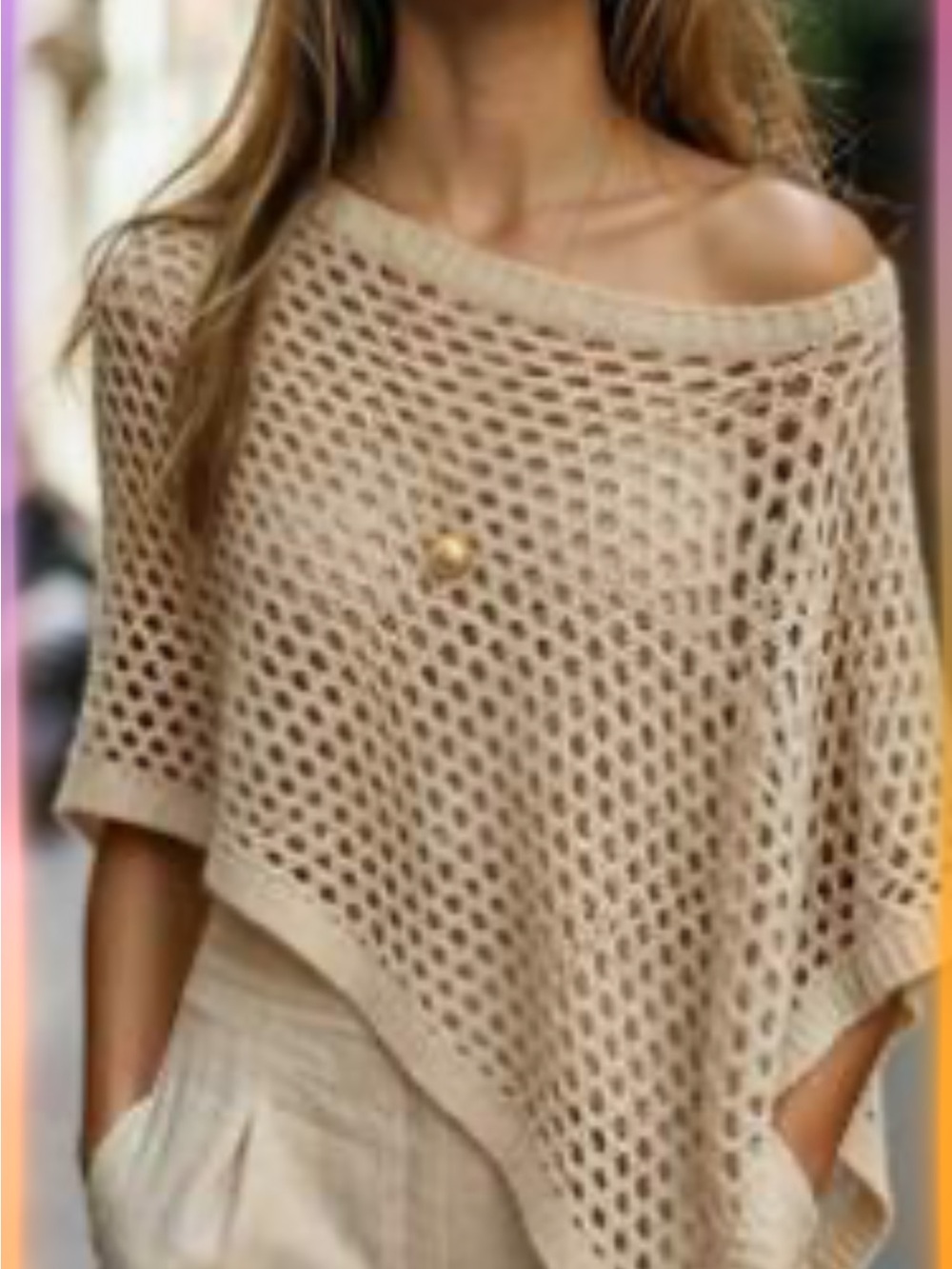 New Light Beige Xl Open-Knit Women's Shawl Sweater